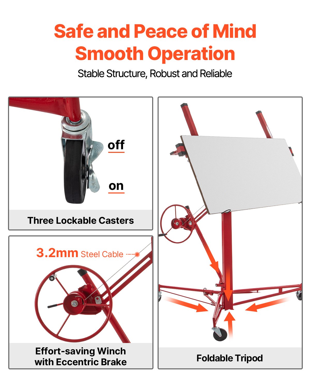 Drywall Rolling Lifter Panel, 16ft Sheetrock Lift Drywall Lift, 150lb Weight Capacity Panel Elevator Jack Tool, Steel Material with Telescopic Arm and 3 Lockable Wheels, 48x192 in Drywall Size