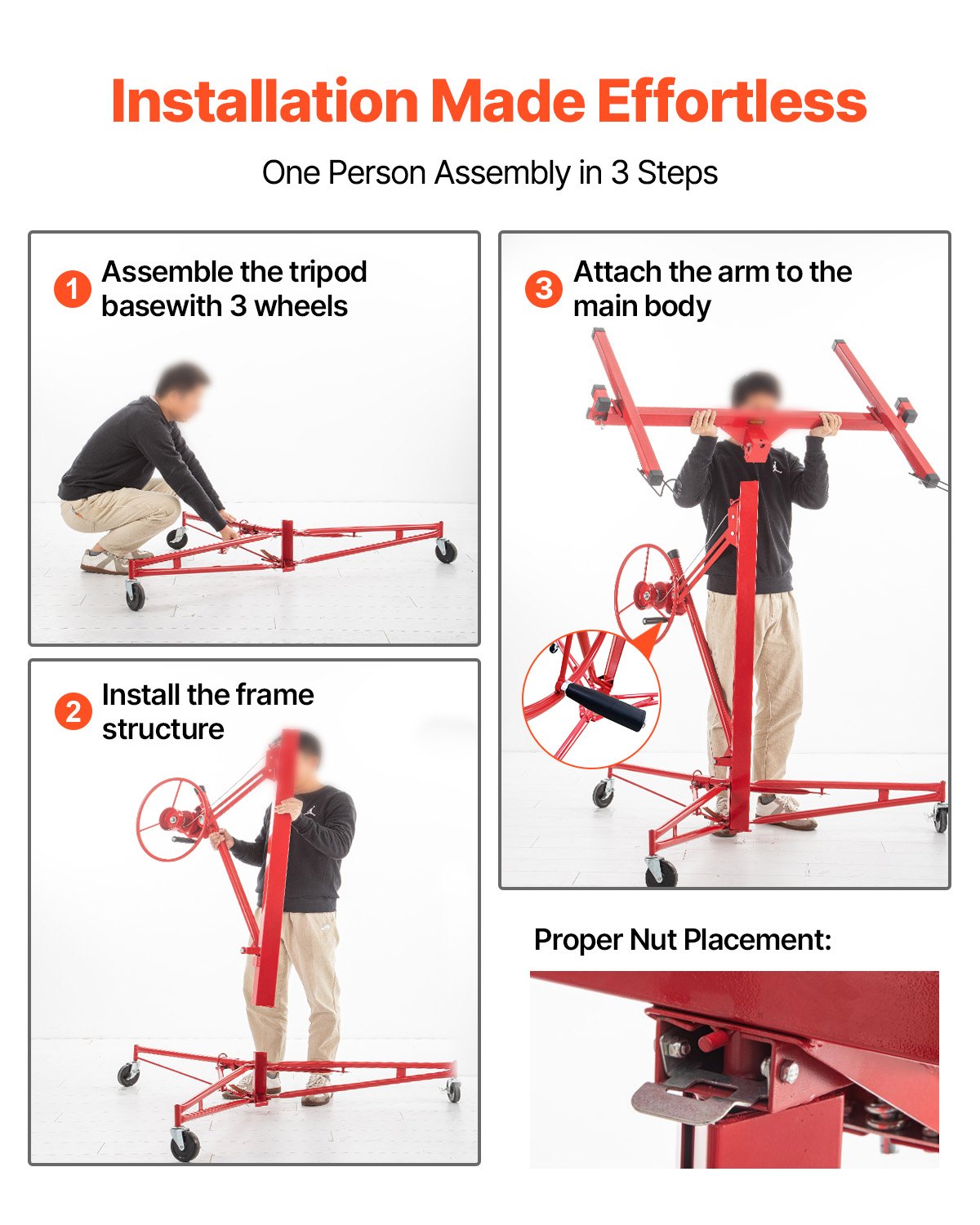 Drywall Rolling Lifter Panel, 16ft Sheetrock Lift Drywall Lift, 150lb Weight Capacity Panel Elevator Jack Tool, Steel Material with Telescopic Arm and 3 Lockable Wheels, 48x192 in Drywall Size