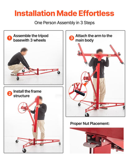 Drywall Rolling Lifter Panel, 16ft Sheetrock Lift Drywall Lift, 150lb Weight Capacity Panel Elevator Jack Tool, Steel Material with Telescopic Arm and 3 Lockable Wheels, 48x192 in Drywall Size