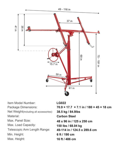 Drywall Rolling Lifter Panel, 16ft Sheetrock Lift Drywall Lift, 150lb Weight Capacity Panel Elevator Jack Tool, Steel Material with Telescopic Arm and 3 Lockable Wheels, 48x192 in Drywall Size