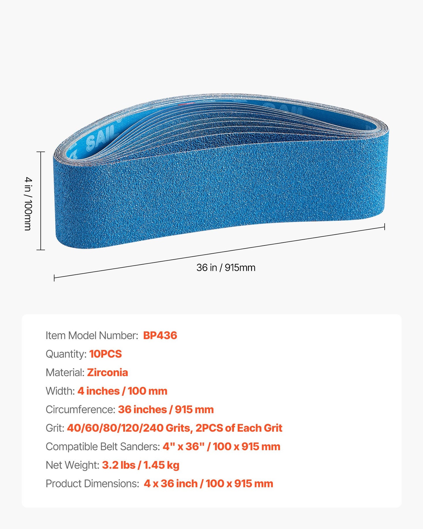 Sanding Belts, 4 x 36-inch Belt Sander Sanding Belts, 10PCS (2 of Each 40 60 80 120 240 Grits) Zirconia for Knife Sharpening, Metal Polishing, Stainless Steel, Nickel Alloy Finishing