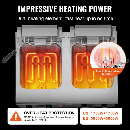 Commercial Deep Fryer, Dual Tank 3500W Electric Countertop Fryer, 2 x 9Qt / 8.5L Double Oil Fryer with 2 Baskets, 1mm Thickened Stainless Steel, Time & Temp Control, for Kitchen Restaurant Use