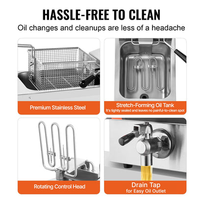 Commercial Deep Fryer, Dual Tank 3500W Electric Countertop Fryer, 2 x 9Qt / 8.5L Double Oil Fryer with 2 Baskets, 1mm Thickened Stainless Steel, Time & Temp Control, for Kitchen Restaurant Use