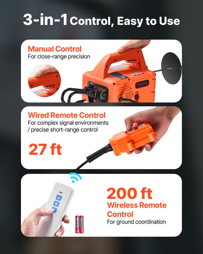 3-in-1 Electric Hoist Winch, 1100 lbs Capacity, 1500W Portable Electric Power Winch, 25 ft Lifting Height, 16.4 ft/min with Manual, Wired & Wireless Remote Control for Factory, Warehouss, Garage