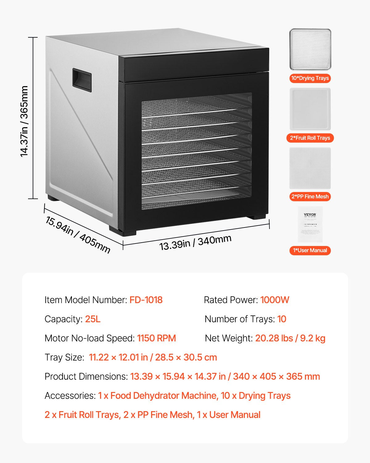 10 Trays Food Dryer Machine Stainless Steel 1000W Jerky Fruit Drying