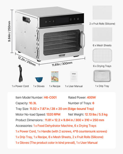 Food Dehydrator Machine, 6 Stainless Steel Trays, 400W Electric Food Dryer with Adjustable Temperature & 24-Hour Timer, Freeze Dryer for Jerky, Meat, Fruit, Vegetables, Herbs, Dog Treats