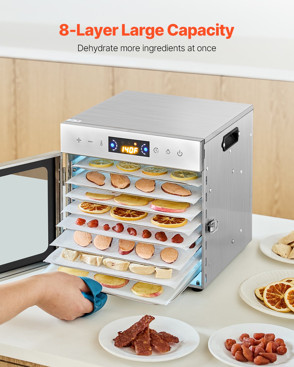 Food Dehydrator Machine, 8 Stainless Steel Trays, 400W Electric Food Dryer with Adjustable Temperature & 24-Hour Timer, Heated Dryer for Jerky, Meat, Fruit, Vegetables, Herbs, Dog Treats