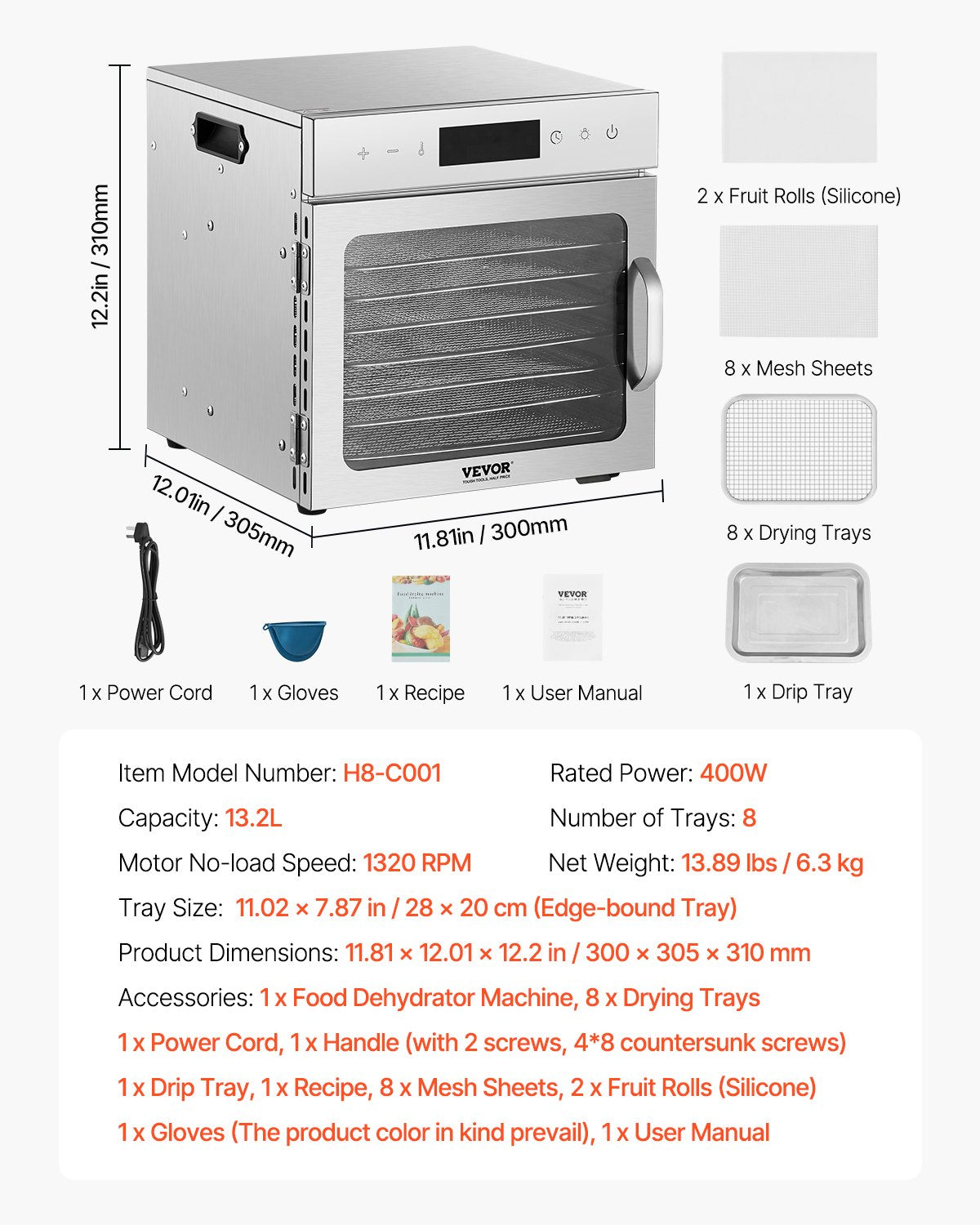 8 Trays Food Dryer Machine Stainless Steel 400W Jerky Fruit Drying