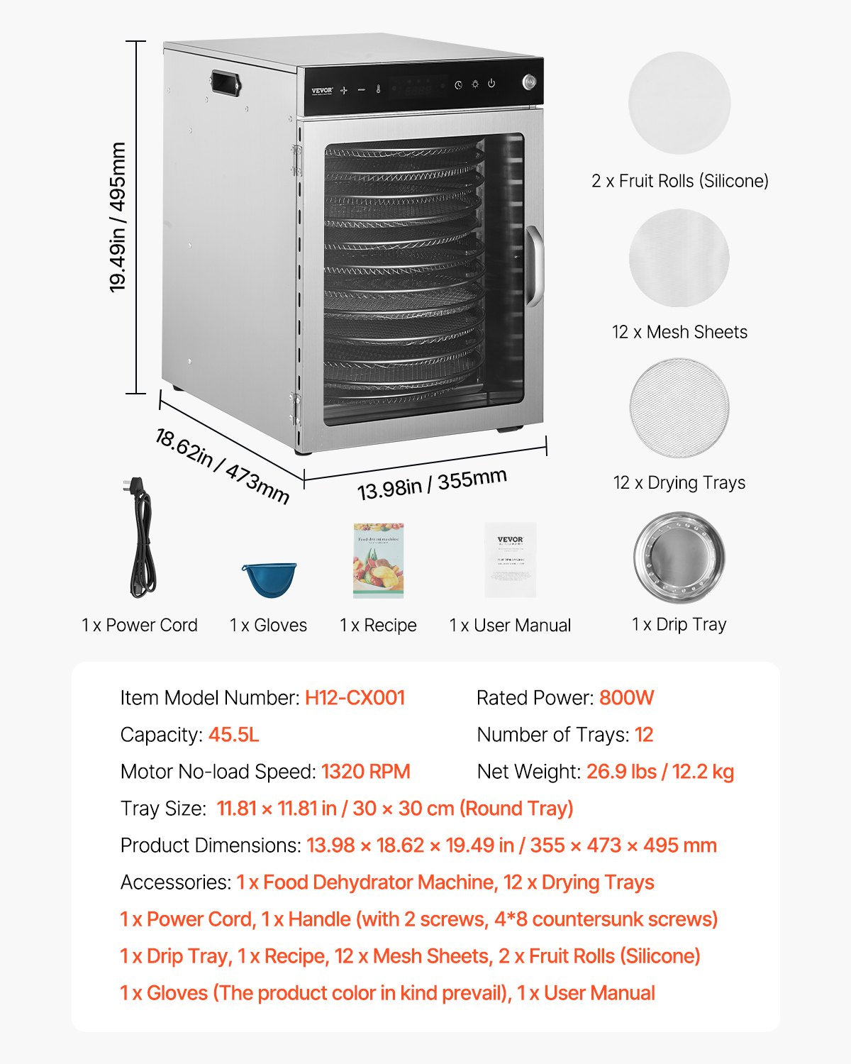 12 Trays Rotating Food Dryer Machine Stainless Steel 800W Fruit Drying