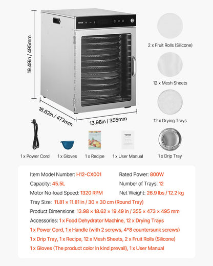 12 Trays Rotating Food Dryer Machine Stainless Steel 800W Fruit Drying