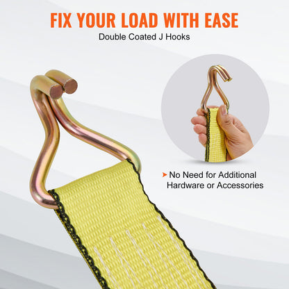 Ratchet Tie Down Straps (4PK), 5000 lb Breaking Strength, Double J-Hook Includes 4 Premium 2" x 15" Ratchet Tie Downs with Padded Handles, for Moving Load Securing, Appliances, Lawn Equipment