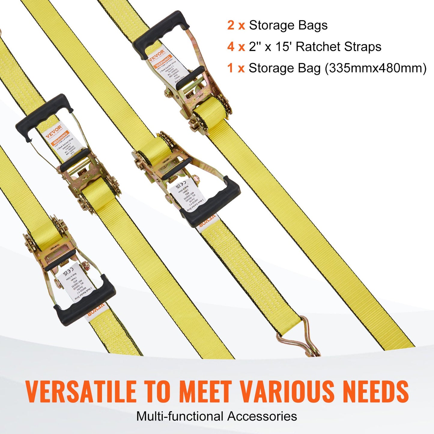 Ratchet Tie Down Straps (4PK), 5000 lb Breaking Strength, Double J-Hook Includes 4 Premium 2" x 15" Ratchet Tie Downs with Padded Handles, for Moving Load Securing, Appliances, Lawn Equipment
