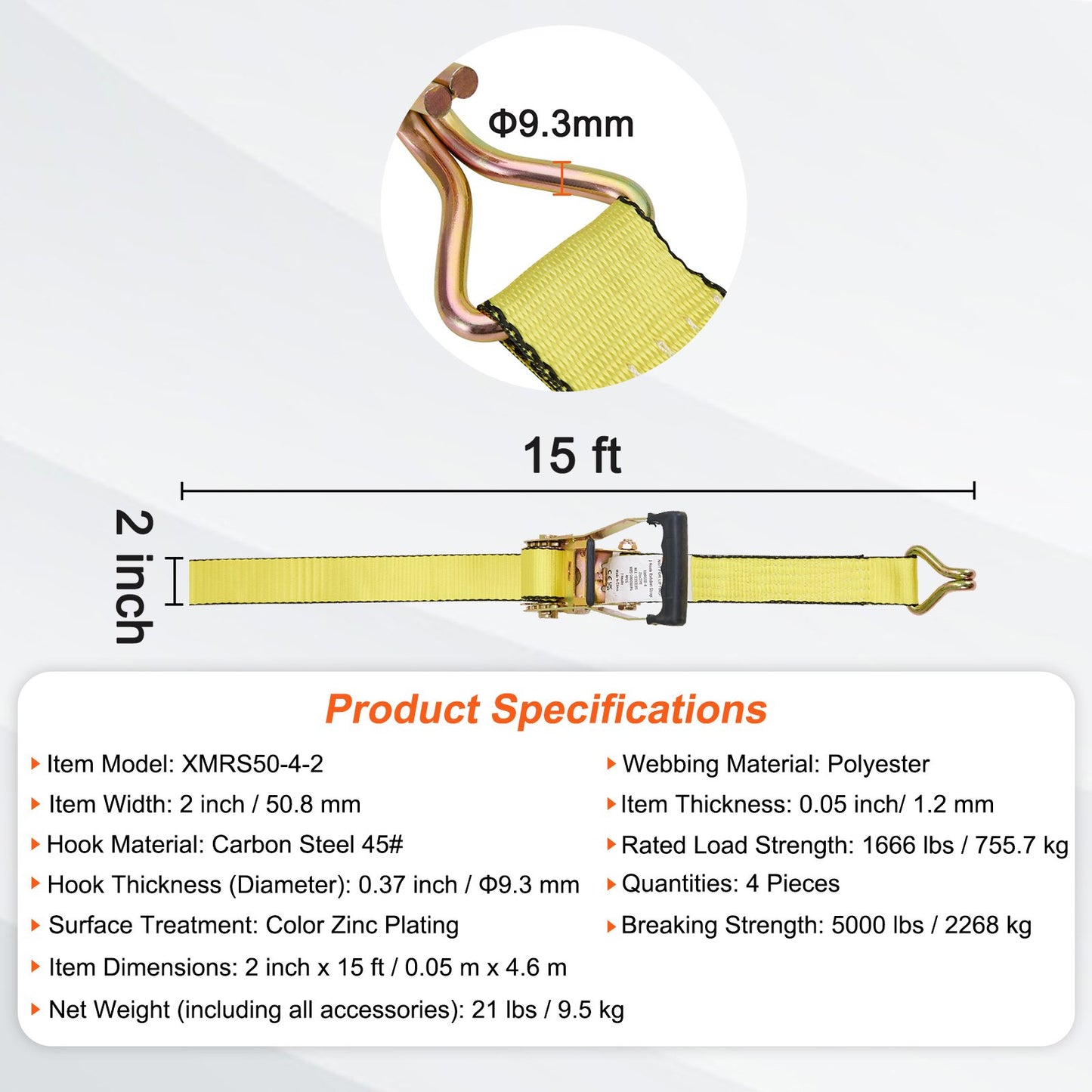 Ratchet Tie Down Straps (4PK), 5000 lb Breaking Strength, Double J-Hook Includes 4 Premium 2" x 15" Ratchet Tie Downs with Padded Handles, for Moving Load Securing, Appliances, Lawn Equipment