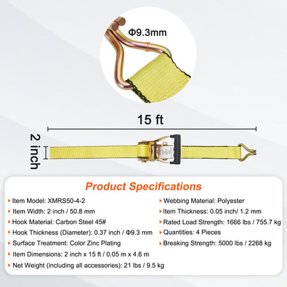 Ratchet Tie Down Straps (4PK), 5000 lb Breaking Strength, Double J-Hook Includes 4 Premium 2" x 15" Ratchet Tie Downs with Padded Handles, for Moving Load Securing, Appliances, Lawn Equipment