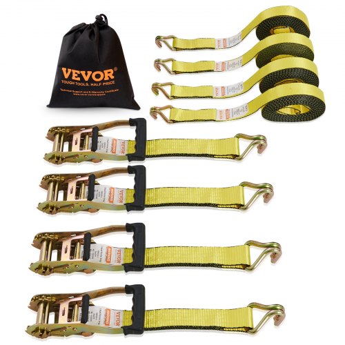 Ratchet Tie Down Straps (4PK), 10000 lb Break Strength, Double J Hook Includes 4 Premium 2" x 27' Rachet Tie Downs with Padded Handles, for Moving Securing Cargo, Appliances, Lawn Equipment