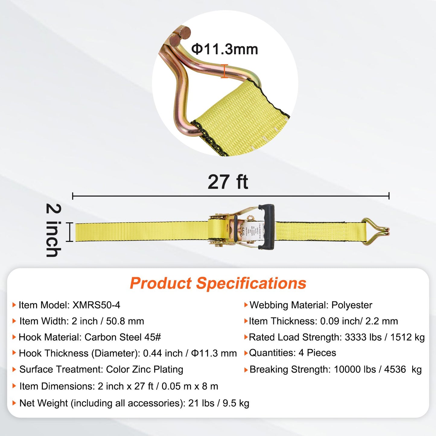Ratschen-Spanngurte (4er-Pack), 10.000 lb Bruchfestigkeit, Doppel-J-Haken, inkl. 4 Premium-Ratschen-Spanngurte 2" x 27" mit gepolsterten Griffen, zum Transportieren sicherer Ladungen, Haushaltsgeräte, Rasengeräte