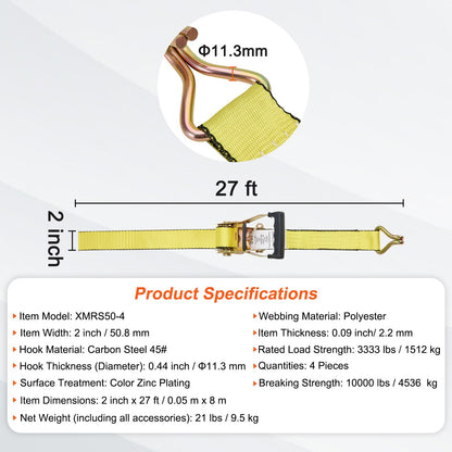 Ratschen-Spanngurte (4er-Pack), 10.000 lb Bruchfestigkeit, Doppel-J-Haken, inkl. 4 Premium-Ratschen-Spanngurte 2" x 27" mit gepolsterten Griffen, zum Transportieren sicherer Ladungen, Haushaltsgeräte, Rasengeräte