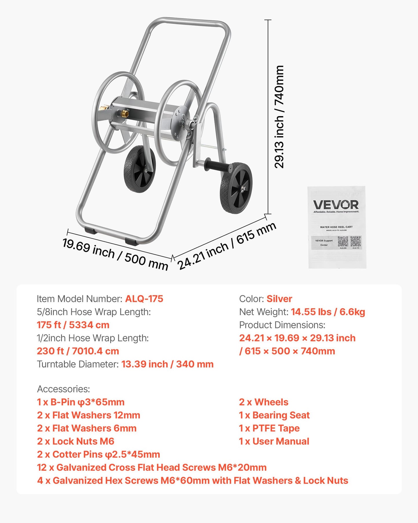 Hose Reel Cart, Hold Up to 175 ft of 5/8’’ Hose (Hose Not Included), Garden Water Hose Carts Mobile Tools with Wheels, Heavy Duty Powder-coated Steel Outdoor Planting for Garden, Yard, Lawn