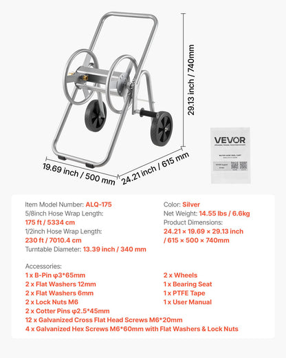 Hose Reel Cart, Hold Up to 175 ft of 5/8’’ Hose (Hose Not Included), Garden Water Hose Carts Mobile Tools with Wheels, Heavy Duty Powder-coated Steel Outdoor Planting for Garden, Yard, Lawn