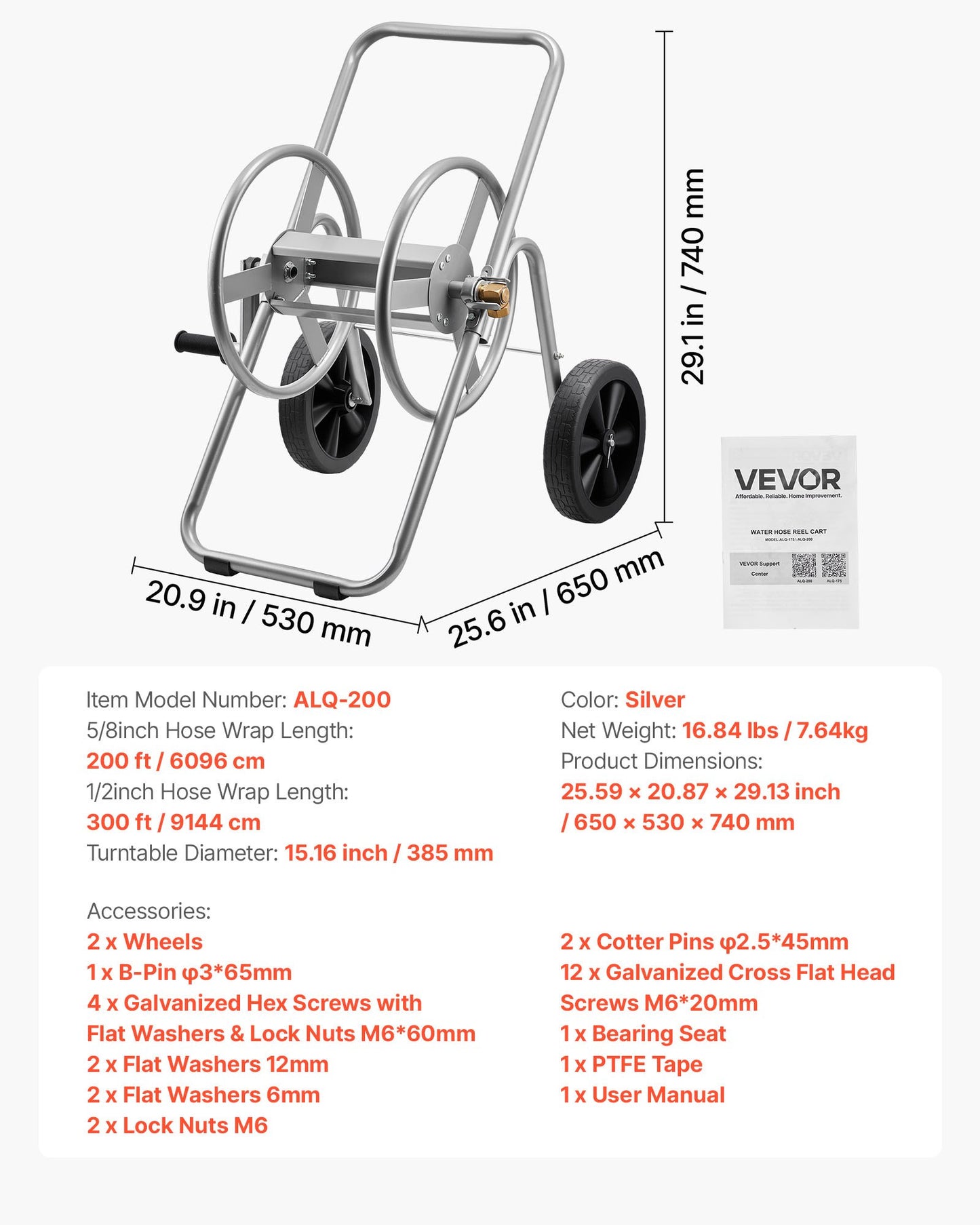 Water Hose Reel Cart, 200/300 ft High-Pressure Garden Hose Cart, Hoses Reel Carts with Two Wheels, Handle & Heavy-Duty Mesh Storage Basket, Portable Hoses Reels for Garden Watering, Car Washing