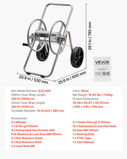 Water Hose Reel Cart, 200/300 ft High-Pressure Garden Hose Cart, Hoses Reel Carts with Two Wheels, Handle & Heavy-Duty Mesh Storage Basket, Portable Hoses Reels for Garden Watering, Car Washing