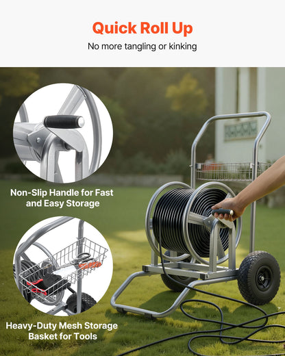 Water Hose Reel Cart, 200/300ft High-Pressure Garden Hose Cart, Hoses Reel Carts with Two Wheels, Handle & Heavy-Duty Mesh Storage Basket, Dual-Purpose Portable Hoses Reels for Garden, Car, Pet