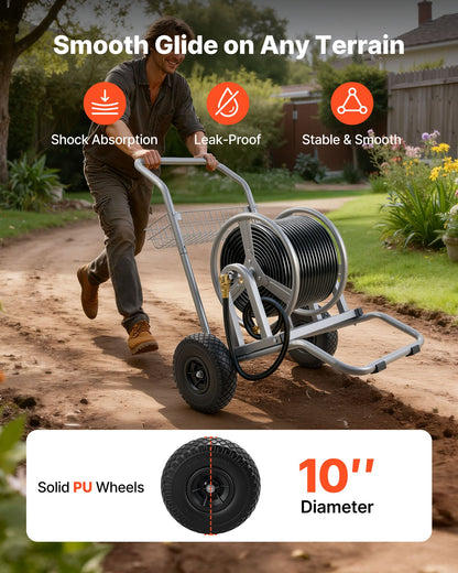 Water Hose Reel Cart, 200/300ft High-Pressure Garden Hose Cart, Hoses Reel Carts with Two Wheels, Handle & Heavy-Duty Mesh Storage Basket, Dual-Purpose Portable Hoses Reels for Garden, Car, Pet