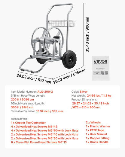 Water Hose Reel Cart, 200/300ft High-Pressure Garden Hose Cart, Hoses Reel Carts with Two Wheels, Handle & Heavy-Duty Mesh Storage Basket, Dual-Purpose Portable Hoses Reels for Garden, Car, Pet