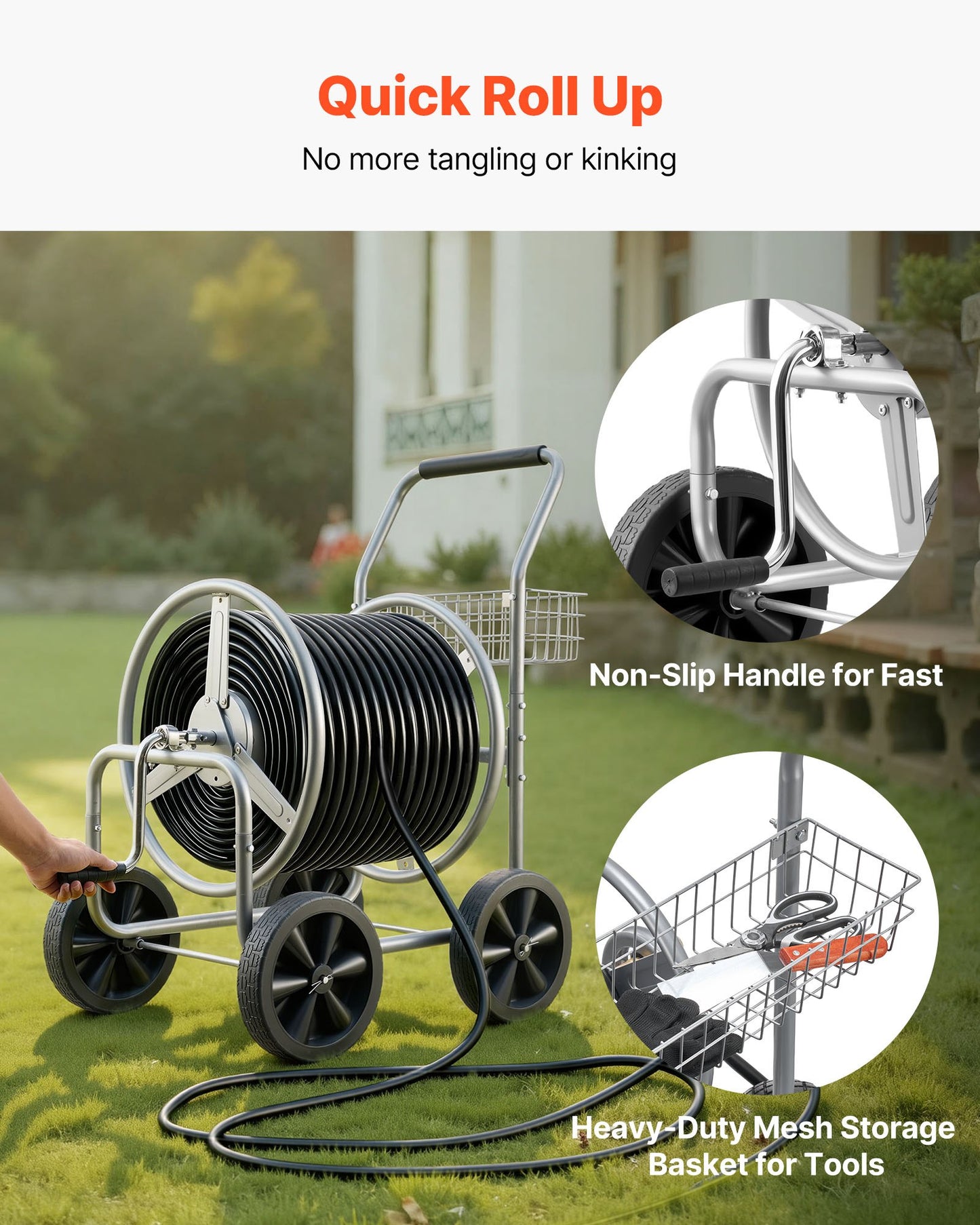 Hose Reel Cart, Hold Up to 250 ft of 5/8’’ Hose, Garden Water Hose Carts Mobile Tools with 4 Wheels, Heavy Duty Powder-coated Steel Outdoor Planting with Storage Basket, for Garden, Yard, Lawn