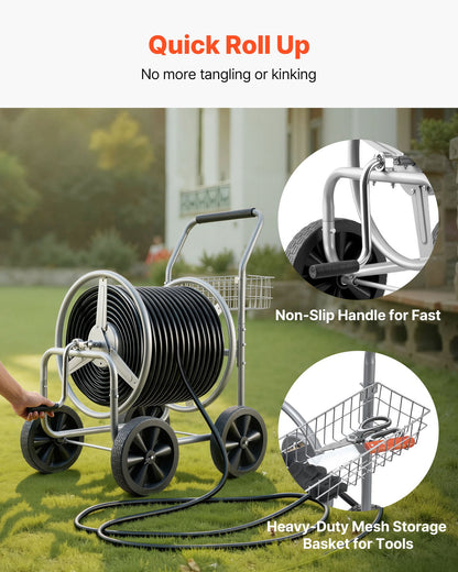 Hose Reel Cart, Hold Up to 250 ft of 5/8’’ Hose, Garden Water Hose Carts Mobile Tools with 4 Wheels, Heavy Duty Powder-coated Steel Outdoor Planting with Storage Basket, for Garden, Yard, Lawn