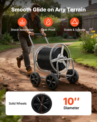 Hose Reel Cart, Hold Up to 250 ft of 5/8’’ Hose, Garden Water Hose Carts Mobile Tools with 4 Wheels, Heavy Duty Powder-coated Steel Outdoor Planting with Storage Basket, for Garden, Yard, Lawn