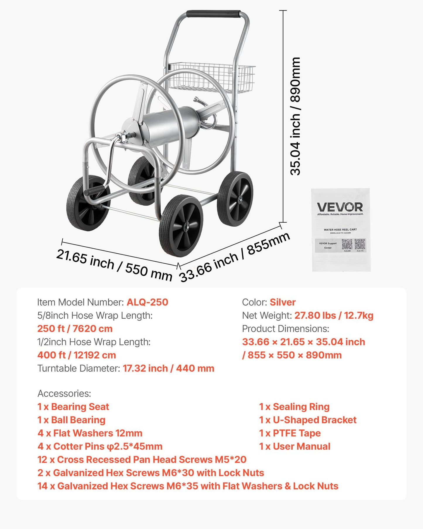 Hose Reel Cart, Hold Up to 250 ft of 5/8’’ Hose, Garden Water Hose Carts Mobile Tools with 4 Wheels, Heavy Duty Powder-coated Steel Outdoor Planting with Storage Basket, for Garden, Yard, Lawn