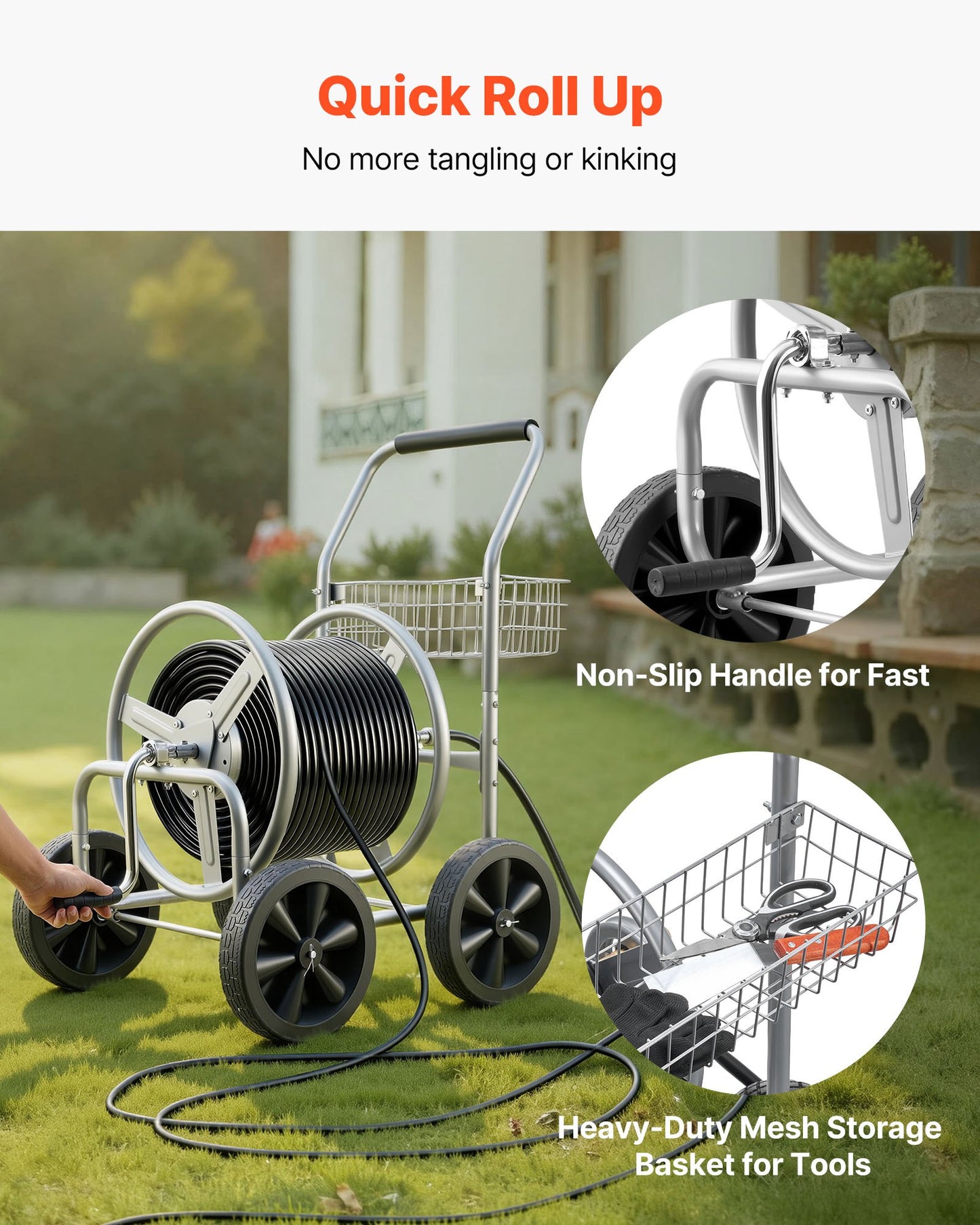 Hose Reel Cart, Hold Up to 300 ft of 5/8’’ Hose, Garden Water Hose Carts Mobile Tools with 4 Wheels, Heavy Duty Powder-coated Steel Outdoor Planting with Storage Basket, for Garden, Yard, Lawn