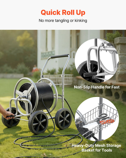 Hose Reel Cart, Hold Up to 300 ft of 5/8’’ Hose, Garden Water Hose Carts Mobile Tools with 4 Wheels, Heavy Duty Powder-coated Steel Outdoor Planting with Storage Basket, for Garden, Yard, Lawn