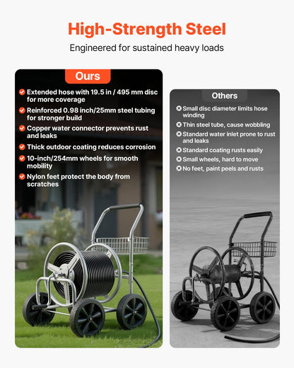 Hose Reel Cart, Hold Up to 300 ft of 5/8’’ Hose, Garden Water Hose Carts Mobile Tools with 4 Wheels, Heavy Duty Powder-coated Steel Outdoor Planting with Storage Basket, for Garden, Yard, Lawn