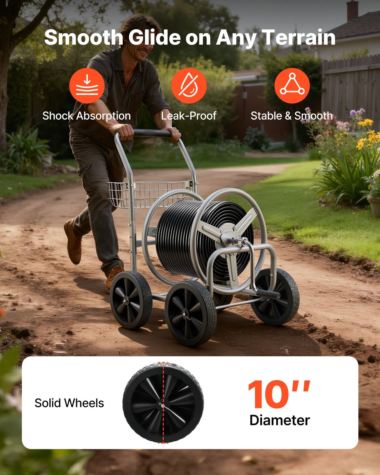 Hose Reel Cart, Hold Up to 300 ft of 5/8’’ Hose, Garden Water Hose Carts Mobile Tools with 4 Wheels, Heavy Duty Powder-coated Steel Outdoor Planting with Storage Basket, for Garden, Yard, Lawn