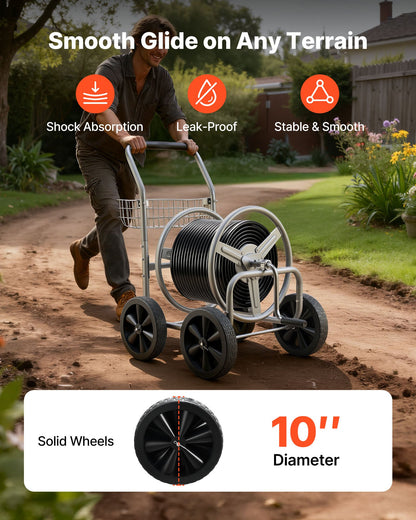 Hose Reel Cart, Hold Up to 300 ft of 5/8’’ Hose, Garden Water Hose Carts Mobile Tools with 4 Wheels, Heavy Duty Powder-coated Steel Outdoor Planting with Storage Basket, for Garden, Yard, Lawn