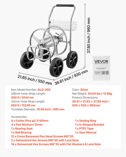 Hose Reel Cart, Hold Up to 300 ft of 5/8’’ Hose, Garden Water Hose Carts Mobile Tools with 4 Wheels, Heavy Duty Powder-coated Steel Outdoor Planting with Storage Basket, for Garden, Yard, Lawn