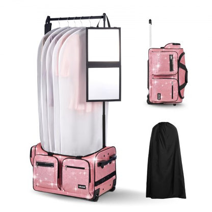 Dance Bag with Garment Rack, 23 Inch Rolling Dance Duffel, with Wheels, USB Port, Height Adjustable Clothes Rack, Privacy Protection Curtain, Ideal for Travel and Competitions, Sparkling Pink