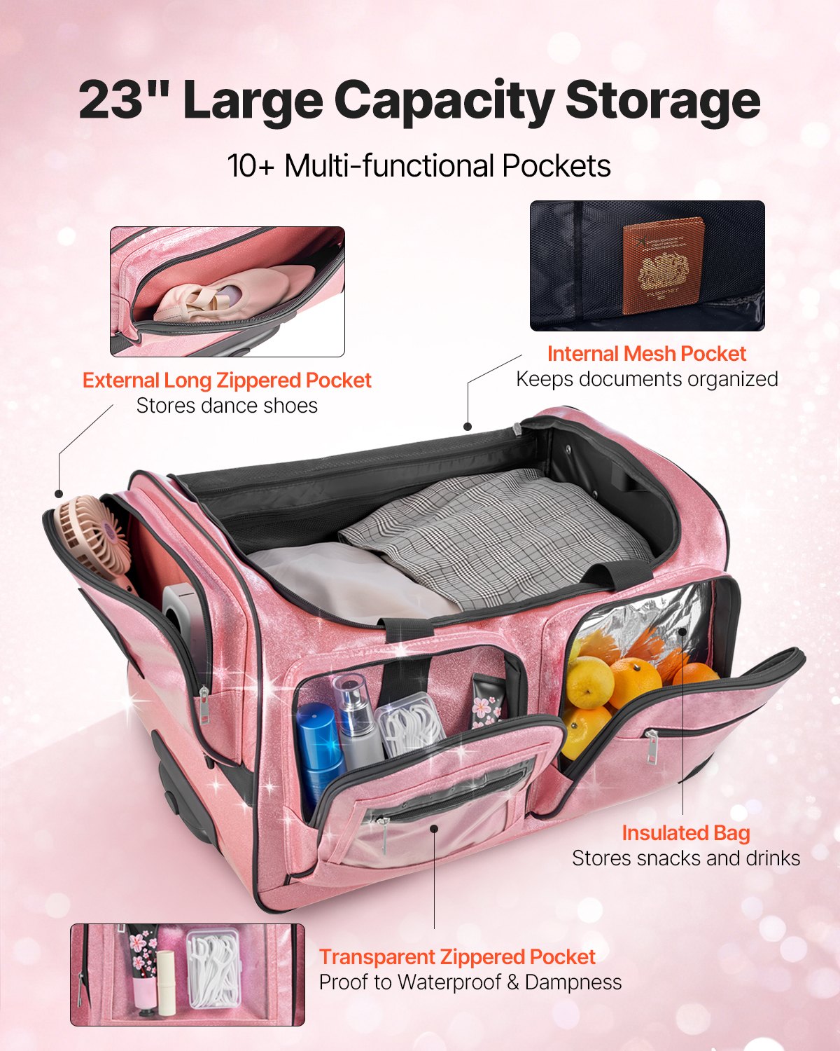 Dance Bag with Garment Rack, 23 Inch Rolling Dance Duffel, with Wheels, USB Port, Height Adjustable Clothes Rack, Privacy Protection Curtain, Ideal for Travel and Competitions, Sparkling Pink