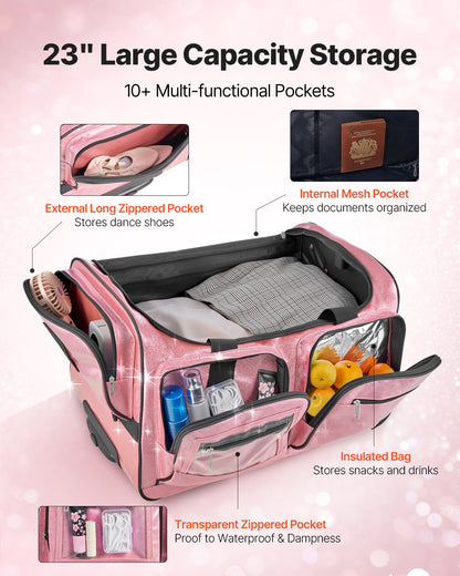Dance Bag with Garment Rack, 23 Inch Rolling Dance Duffel, with Wheels, USB Port, Height Adjustable Clothes Rack, Privacy Protection Curtain, Ideal for Travel and Competitions, Sparkling Pink