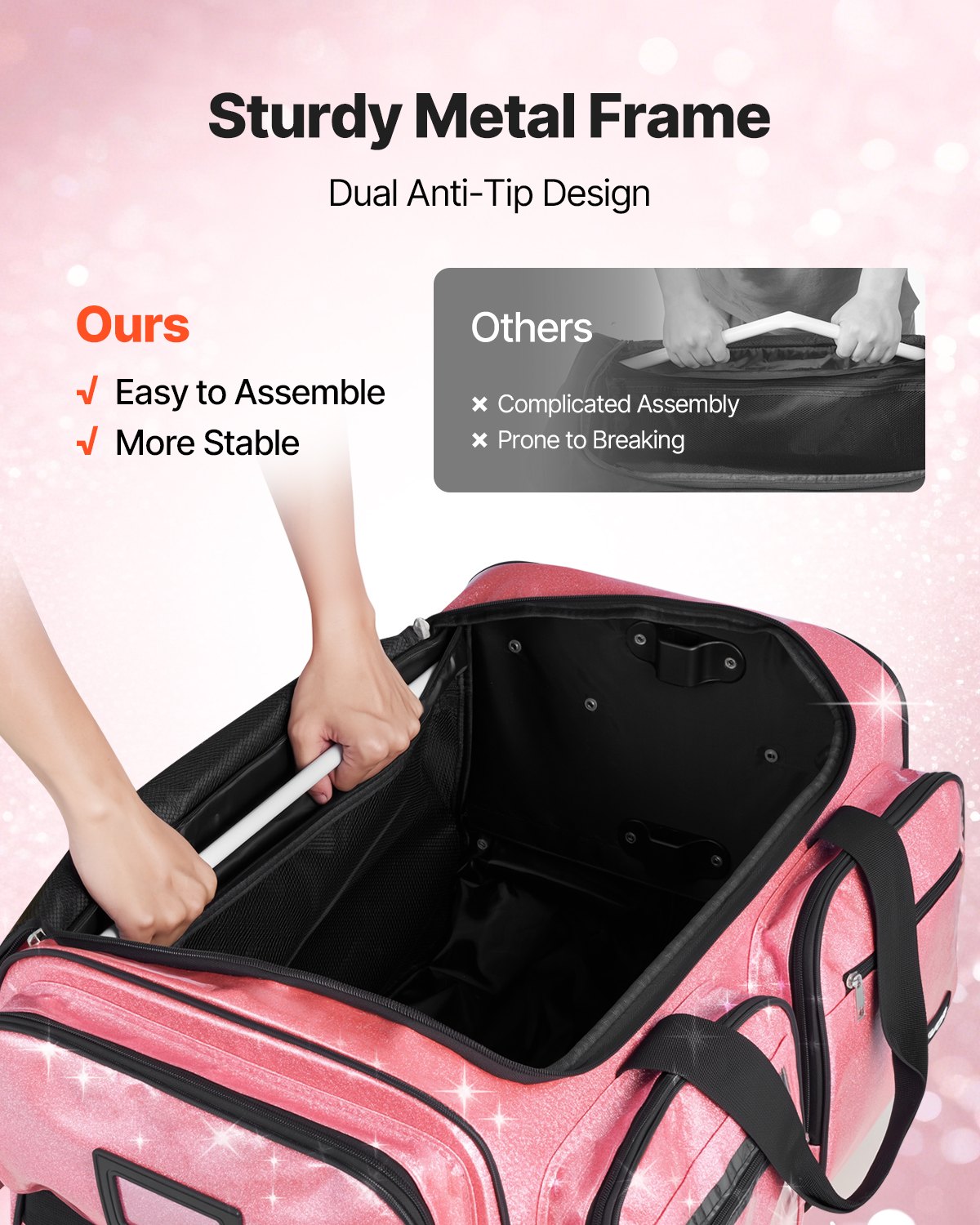 Dance Bag with Garment Rack, 23 Inch Rolling Dance Duffel, with Wheels, USB Port, Height Adjustable Clothes Rack, Privacy Protection Curtain, Ideal for Travel and Competitions, Sparkling Pink