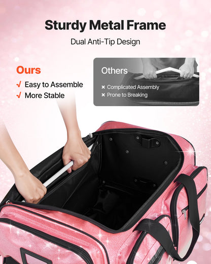Dance Bag with Garment Rack, 23 Inch Rolling Dance Duffel, with Wheels, USB Port, Height Adjustable Clothes Rack, Privacy Protection Curtain, Ideal for Travel and Competitions, Sparkling Pink