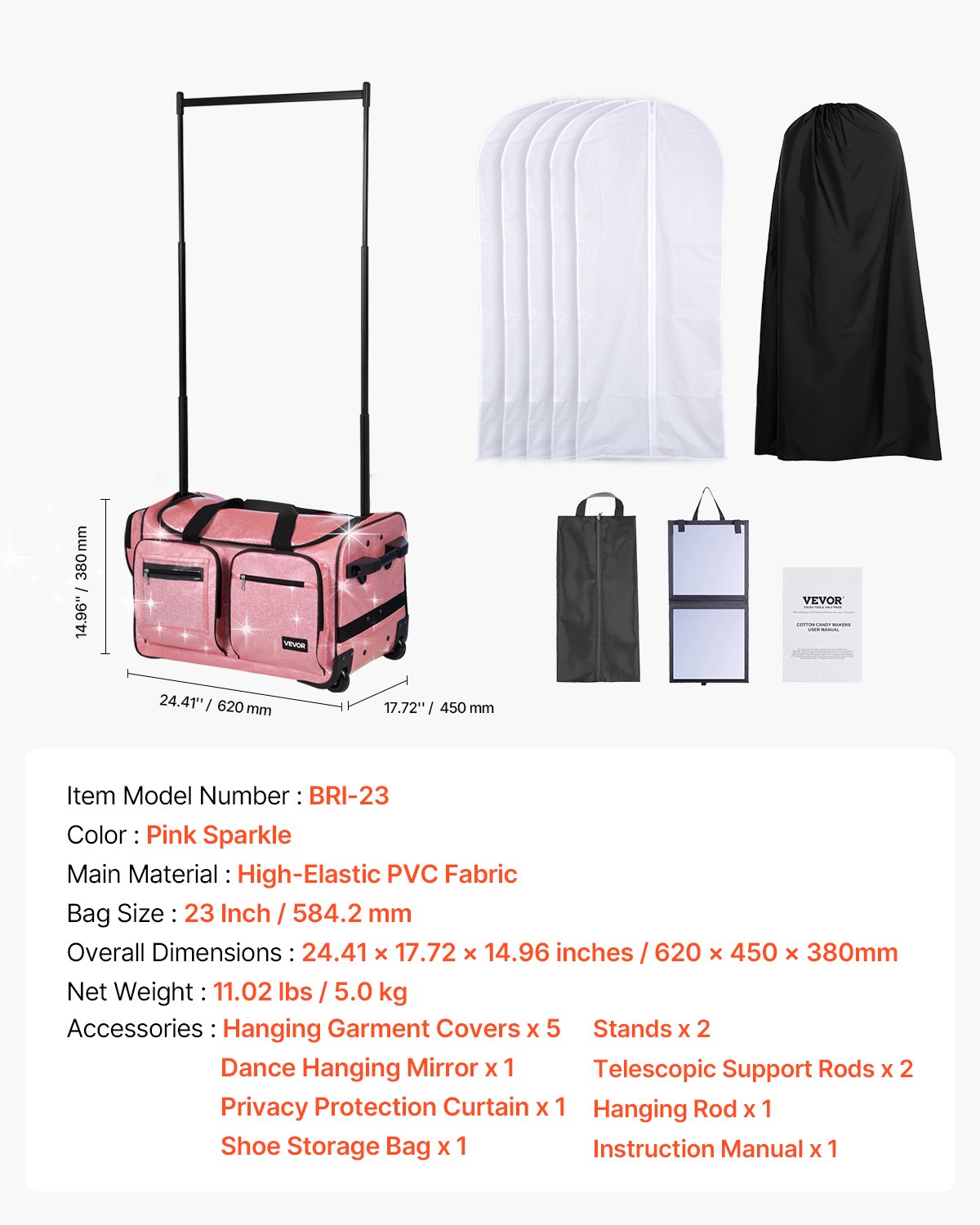 Dance Bag with Garment Rack, 23 Inch Rolling Dance Duffel, with Wheels, USB Port, Height Adjustable Clothes Rack, Privacy Protection Curtain, Ideal for Travel and Competitions, Sparkling Pink