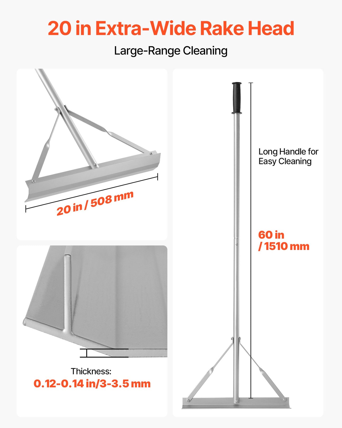 Landscape Rake, 60 inch Handle 20 inch Wide Head, Large Heavy Duty Aluminum Landscaping Level, Asphalt Rake Tool for Asphalt & Land Leveling, Concrete Paving, Sand Flattening, No Teeth