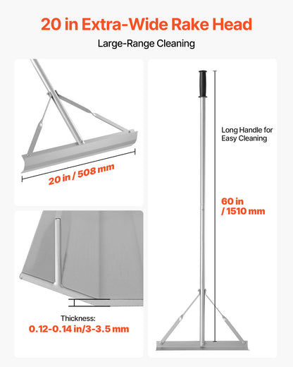 Landscape Rake, 60 inch Handle 20 inch Wide Head, Large Heavy Duty Aluminum Landscaping Level, Asphalt Rake Tool for Asphalt & Land Leveling, Concrete Paving, Sand Flattening, No Teeth