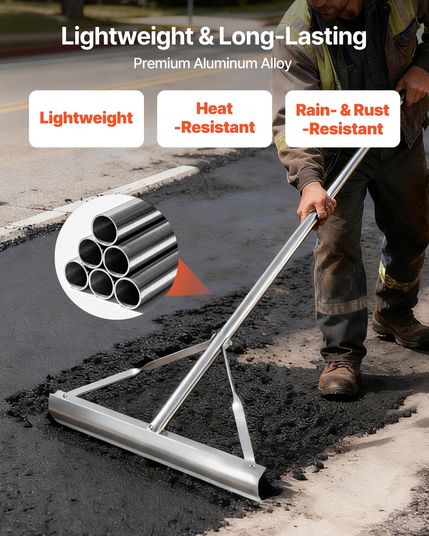 Landscape Rake, 60 inch Handle 20 inch Wide Head, Large Heavy Duty Aluminum Landscaping Level, Asphalt Rake Tool for Asphalt & Land Leveling, Concrete Paving, Sand Flattening, No Teeth