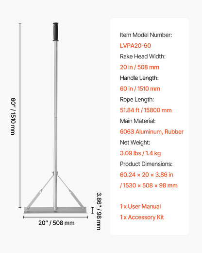 Landscape Rake, 60 inch Handle 20 inch Wide Head, Large Heavy Duty Aluminum Landscaping Level, Asphalt Rake Tool for Asphalt & Land Leveling, Concrete Paving, Sand Flattening, No Teeth