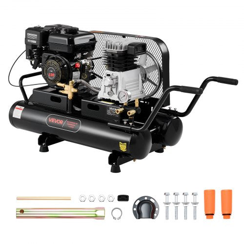 9 Gallon Twin-Tank Gas Powered Air Compressor, 6.5HP 9CFM Gas Driven Air Compressor Tank on Wheel, Max 115PSI Piston Pump Air-Compressed System for Tire Inflation, Auto Repairs, Spray Painting