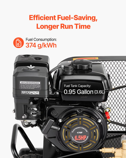 9 Gallon Twin-Tank Gas Powered Air Compressor, 6.5HP 9CFM Gas Driven Air Compressor Tank on Wheel, Max 115PSI Piston Pump Air-Compressed System for Tire Inflation, Auto Repairs, Spray Painting